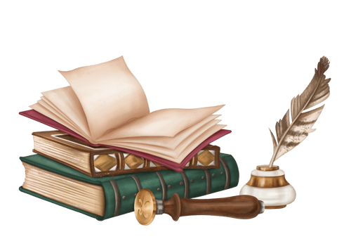 A vintage composition of old ornate hardcover books in a stack, an open empty book, an inkwell with a pen and a wooden stamp. Ancient literature, study, writing, and history. Isolated illustration png