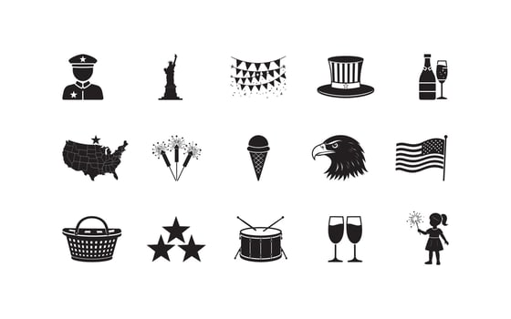 A collection of black and white icons symbolizing Independence Day celebrations, including patriotic symbols, festive items, and traditional motifs with national pride and holiday events. vector