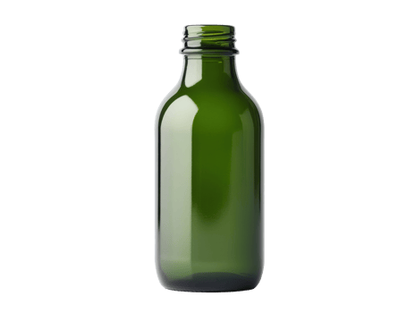 Green glass bottle for beverages or sauces on display png