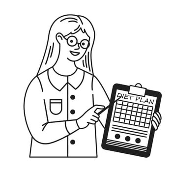 Line art illustration of a nutritionist smiling while showing a detailed diet plan on a clipboard. Ideal for health, wellness, and dietrelated concepts. vector