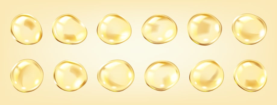 Golden collagen serum bubbles skincare realistic color icons set. Innovative cosmetic products promoting 3d objects bundle on yellow vector
