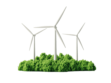 Renewable energy landscape with wind turbines and green vegetation png