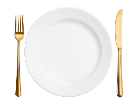 Elegant dining setup featuring a white plate and gold cutlery png