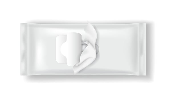 Realistic illustration of white wet wipe packaging with an open lid. Clean and simple design. Perfect for hygiene and personal care products. White background enhances the minimalist style. vector