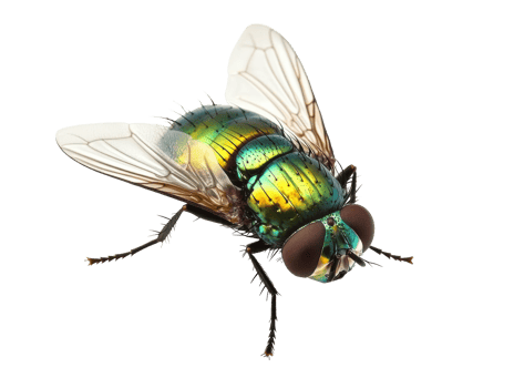 Colorful fly resting on a surface with iridescent wings png