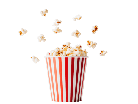 Freshly popped popcorn spilling from a striped container png