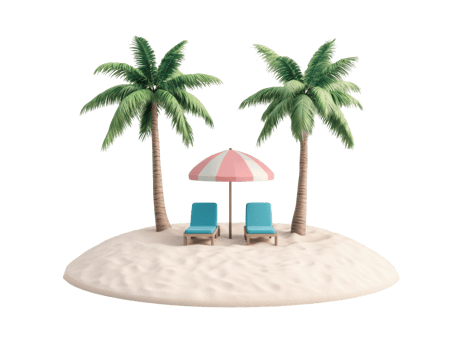 Relaxing spot on a tropical beach with palm trees and lounge chairs png
