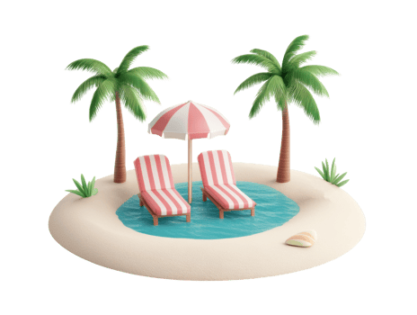 Relaxing beach scene with loungers and palm trees in tropical oasis png