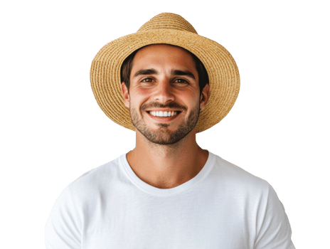 Happy man wearing straw hat and white shirt png