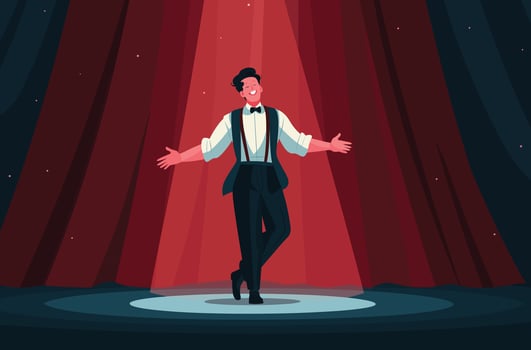 Flat Illustration Actor Stage Spotlight Red Curtains Expressive Pose Performing Arts vector