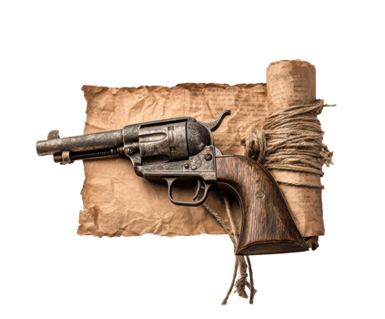 Antique revolver and aged parchment scroll for historical themes png