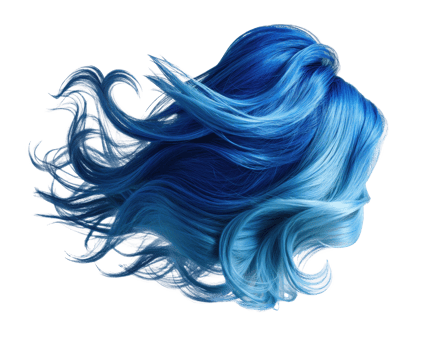 Vibrant blue hair with flowing strands for creative styling projects png