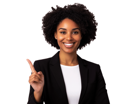 Professional woman smiling and pointing with confidence indoors png