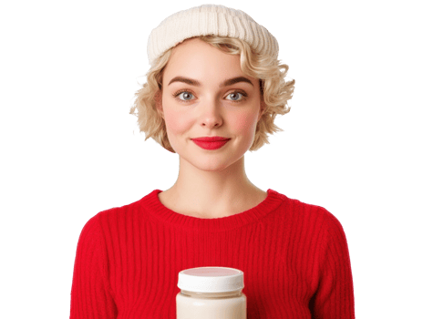 Woman in red sweater holds jar, smiling confidently indoors png