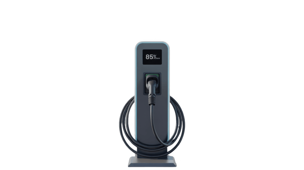 Electric vehicle charging station showing 85 percent charge on transparent background png