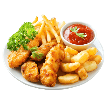 Crispy Chicken Tenders, Fries, and Tomato Sauce on a Plate png