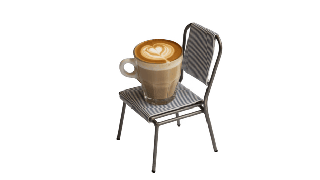 Cappuccino with latte art resting on miniature chair, transparent background png