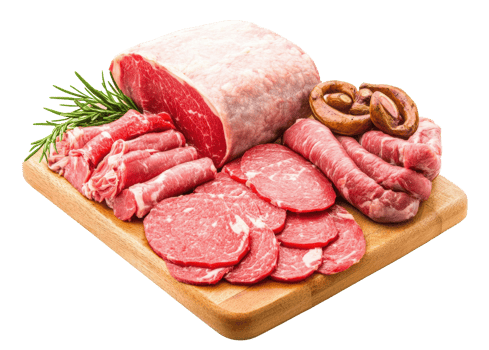 Fresh cuts of beef and sausages arranged on a wooden board png