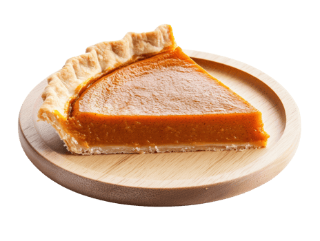 Delicious slice of pumpkin pie on a wooden plate png