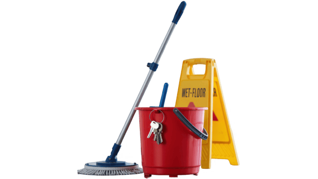 Cleaning supplies with wet floor sign on transparent background png