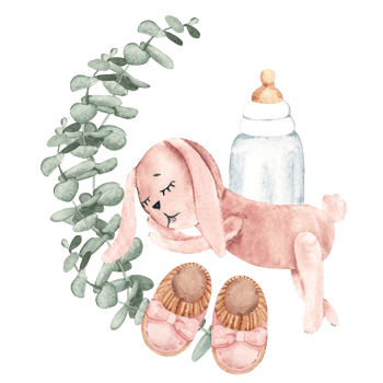 Baby Girl cute composition. Pink Booties, plush Bunny Toy, Bottle for milk and eucalyptus branches. Watercolor hand drawn kid illustration in eco style. For baby shower, Its a girl or gender reveal png