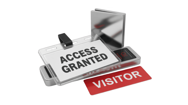Visitor badge showing access granted status next to a security device png