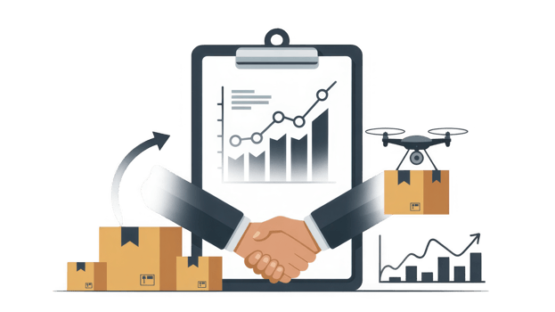 Businessmen shaking hands over delivery deal with drone and growth chart on transparent background png