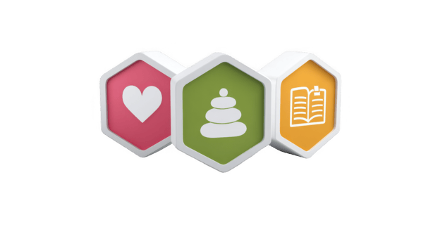 Heart, zen stones and book icons promoting self care and mindfulness on transparent background png