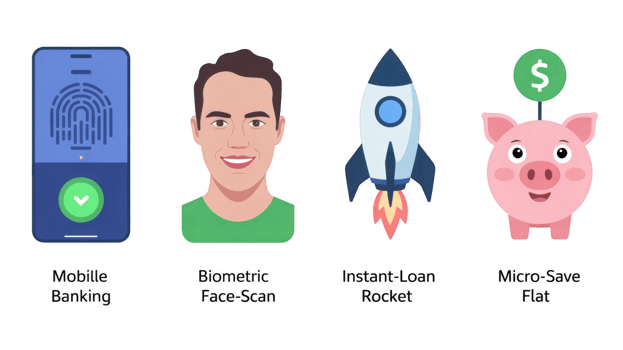 Mobile banking, biometric face recognition, instant loan and micro saving flat illustration on transparent background png