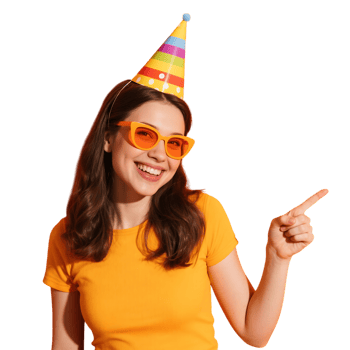 Smiling woman wearing a party hat and orange sunglasses is pointing to the right isolated on transparent background png