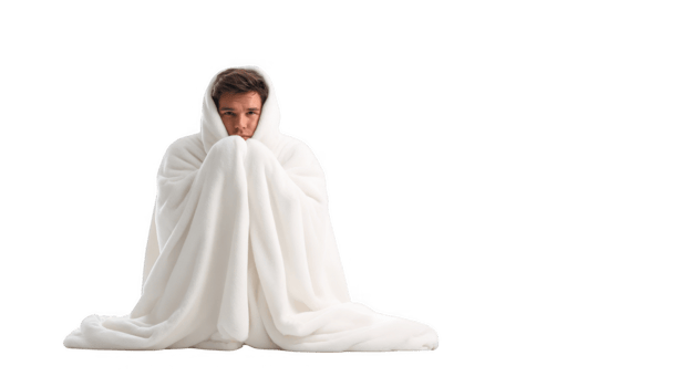 Young man sitting and covering himself with white blanket on transparent background png