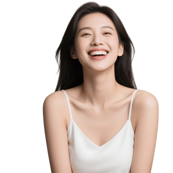 Beautiful asian woman with long black hair smiling and wearing a white top isolated on transparent background png