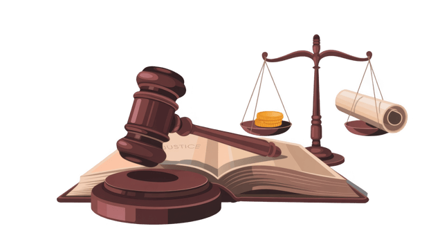 Judge gavel striking down on book with scales of justice and transparent background png