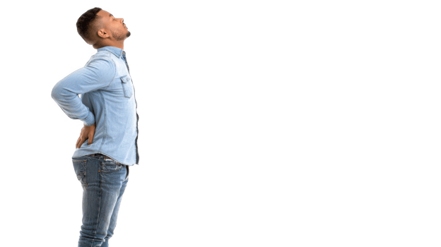 Young man suffering from back pain on transparent background png