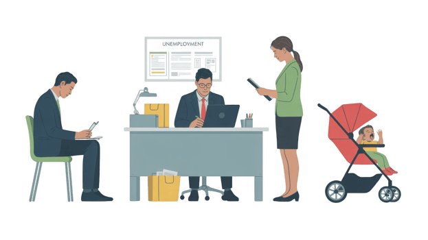 Job seekers filling out documents for unemployment insurance with transparent background png