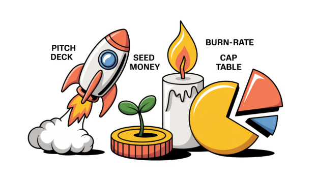Startup business funding stages with rocket launch, seed money and burn rate png