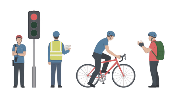 Police officer, road worker, cyclist and commuter waiting at traffic light on transparent background png