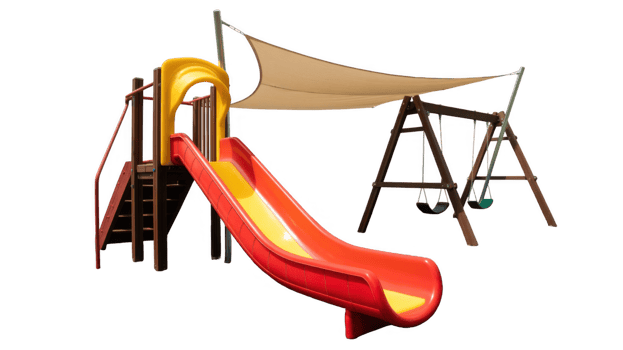 Colorful playground slide and swing set with sunshade on transparent background png