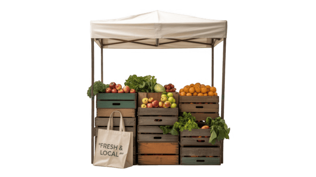Fresh local produce displayed at farmers market stall with transparent background png