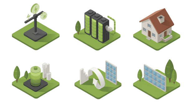 Green energy isometric icons set featuring wind turbine, battery, house, and solar panel on transparent background png