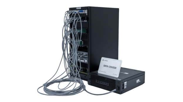 Data center network server rack with ups and tangled cables on transparent background png