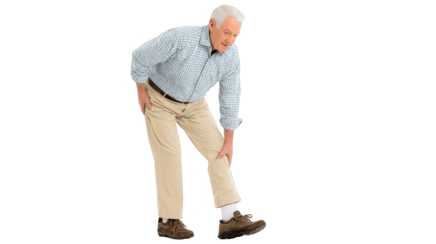Senior man experiencing knee pain on transparent background png