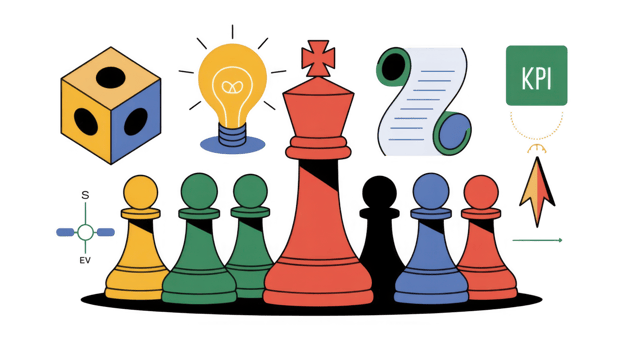 Business strategy planning with chess pieces, lightbulb, dice and kpi banner on transparent background png