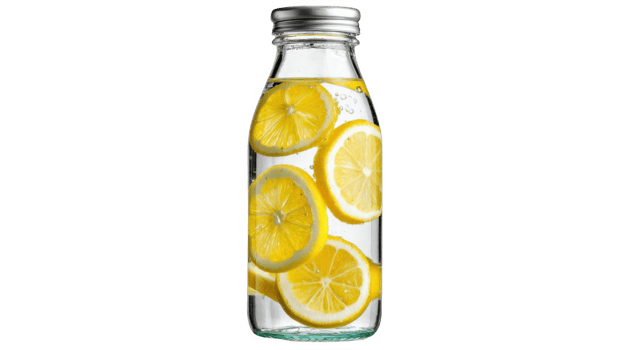 Glass bottle filled with water and lemon slices on transparent background png
