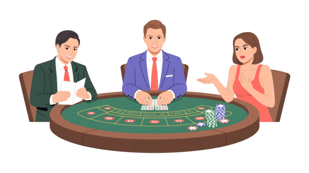 Croupier dealing cards at casino table with players and transparent background png
