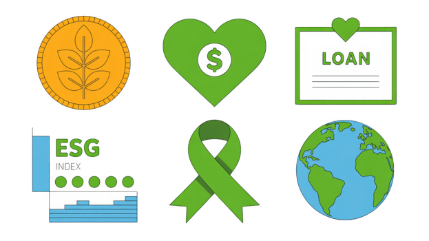 Esg index growing showing green loan, coin, heart, ribbon and earth on transparent background png