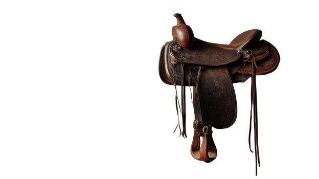 Vintage leather saddle hanging on transparent background, western horse riding equipment png