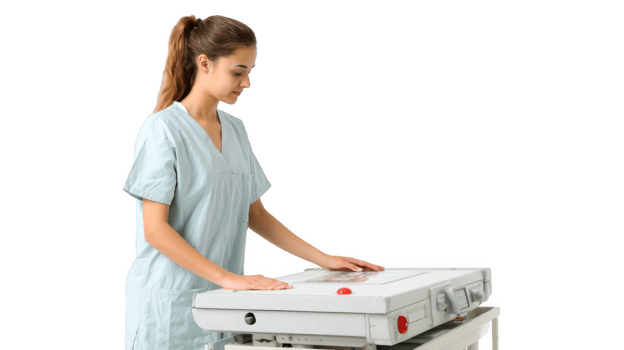 Nurse adjusting medical equipment on transparent background png