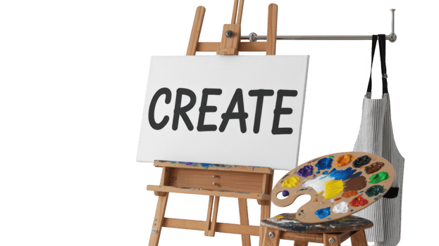 Wooden easel with white canvas showing create word, palette and apron on transparent background png