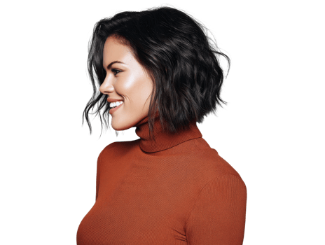 A woman with a short black hair and an orange top png